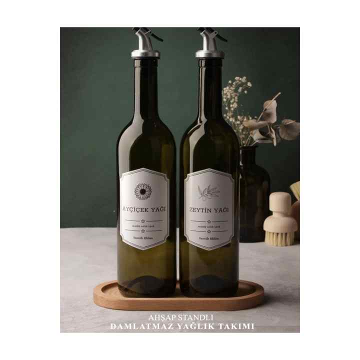 Amber Set of 2 750 Ml Olive Oil Liquid Bottles with Wooden Stand - Glass Oil Bowl Set with Wooden Base and Label