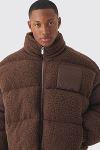 New Arrival Custom Logo <b>Borg</b> & Nylon Funnel Neck Puffer Jacket In Chocolate Windbreaker Winter Quilted Down Men's Bubble Jacket - Product Image 6