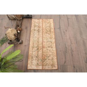 1.4x3.3 ft Small Turkish Rug, Vintage Rug, <b>Brown</b> Green Oriental <b>Wool</b> Rug - Product Image 1