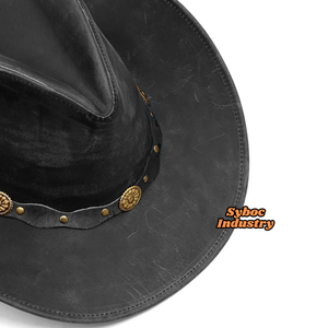 Wide Brimmed <b>Hat</b> For Men's New Vintage Look Cowboy <b>Leather</b> <b>Hats</b> With Western Style Genuine Cowhide <b>Leather</b> Brimmed <b>Hat</b> For Adult - Product Image 3