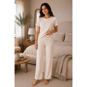 Conjunto de Bata de Jersey Blanca Cómoda con Estampado, Pijama de Manga Corta, Cintura Elástica, Cierre de Botones, Talla XL, Spandex Suave, Logotipo Personalizado, ODM - Product Image 1