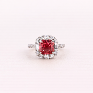 Lab Grown Red Cushion Cut Diamond Halo <b>Ring</b> with Pavé <b>Band</b> in 925 Sterling Sliver | Custom Fine Jewelry - Product Image 1