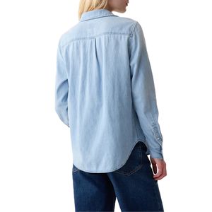 Blusa de Mezclilla Tejida de Verano para Mujer, Cuello Mao, Manga Larga, Abotonada, Suave, Transpirable, Ligera, Informal y Elegante - Product Image 2