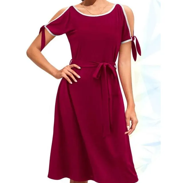 MIDI DRESS IN BEST OF 2023 COMFORT FOR ALL SEASON PARTY WEAR DRESS BOW TIE UP SHORT SLEEVES SCOOP NECKLINE