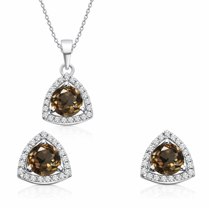 Wholesale Trendy 3-Piece 925 Silver Rhodium Plated Fine Jewelry Set Women's Smoky Quartz CZ Pendant <b>Earrings</b> Wedding Engagement - Product Image 5