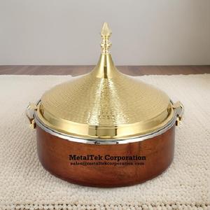 Chauffe-plats En Acier Inoxydable Couvercle Doré Base En Bois Style Arabe De Luxe Buffet Plat De Service Restaurant De Mariage Traiteur - Product Image 1