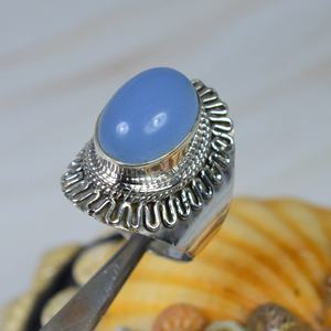Calcédoine bleu foncé bague Boho forme ovale pierre précieuse à facettes bague épaisse bijoux fins femmes hommes calcédoine naturelle bague en pierre bleue - Product Image 3