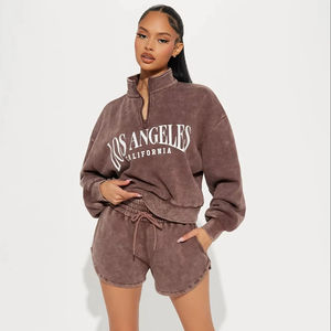 Sudadera y pantalones cortos con cremallera completa de forro polar de algodón orgánico desteñido al sol lavado a la moda de alta calidad para mujer - Product Image 1