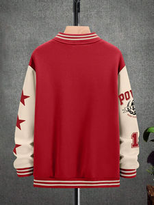 Veste de basket-ball en laine d'hiver décontractée vintage avec des patchs brodés, motif de lettres, style à simple boutonnage et poche avant - Product Image 3