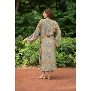 Kimono de Satén de Lujo Estilo Boho para Mujer, Estampado Floral en Naranja, Rosa y Azul, Túnica de Playa para Ocasiones Especiales de Verano, por Regal House - Product Image 4
