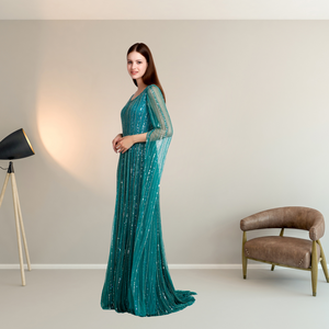 Luxury Hand Beaded Emerald Green Evening Gown with Cape Sleeves <b>Sequin</b> Embellished Formal Dress for Wedding Galas and Red Carpet - Product Image 3