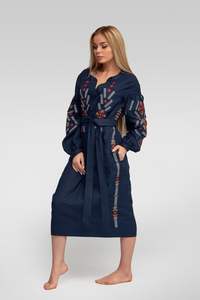 Ucrania bordado flor A-Line vestido para mujer Casual manga larga pluma costura cuello Natural elegante vestido largo - Product Image 4