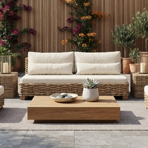 Natural Chunky <b>Rattan</b> Outdoor Garden <b>Sofa</b> Off White Cushion Woven Daybed Lounge Seating Room Setup Decor Pure Art Design - Product Image 3