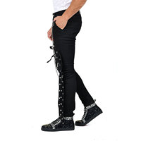Celana Panjang Pria Gothic Hitam Punk Rock Kancing Rantai Gesper Tali Panjang Rivet Ritsleting
