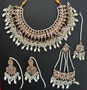 Conjunto de Joyería Tradicional Chapada en Oro con Bordado de Piedras, Collar de Doble Capa para Novia, Compromiso, Boda, Hecho de Acero Inoxidable - Product Image 2