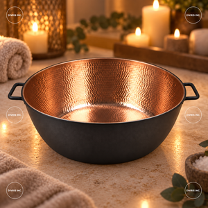 Bol à pédicure rond en cuivre avec extérieur noir et deux poignées - Product Image 4