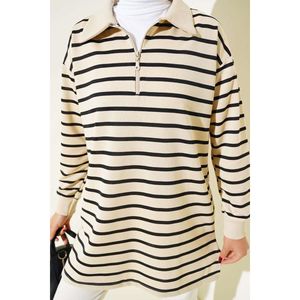 Túnica larga a rayas con cremallera, Cuello de camisa, gasa negra transpirable de punto de algodón, talla libre de poliéster, talla única para primavera - Product Image 1