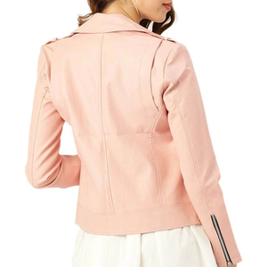 Veste de motard en cuir véritable rose pour femme, style américain personnalisé, fermeture éclair asymétrique, coupe ajustée, design moto, imperméable et respirante - Product Image 4