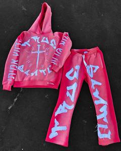 Personalizado de los hombres de peso pesado de algodón Zip-Up acampanado completo chándales bordado parche sudaderas con capucha pantalones de chándal conjuntos ecológicos de talla grande - Product Image 4