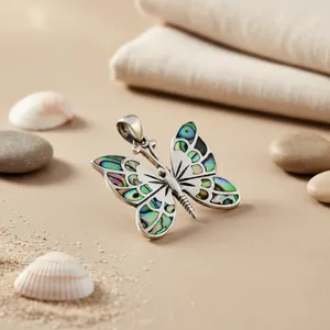 Colgante de Mariposa de Plata de Ley con Incrustaciones de Concha de Abulón, Engaste en Bisel, Estilo Vintage, Hipoalergénico, Amuleto Unisex para Uso Diario - Product Image 3