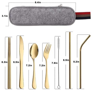 Ensemble de couverts portables couverts de voyage en acier inoxydable fini or ustensiles compacts réutilisables pour le bureau pique-nique Camping déjeuner utilisation - Product Image 4