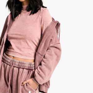 Vente en gros Vintage Acid Wash 2 en 1 Heavyweight Winter Sweat à capuche zippé pour femme 100% coton - Product Image 4