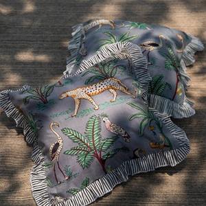 Grey Tropical Safari Ruffle <b>Cushion</b> <b>Cover</b> Boho Throw Pillow, Block Print <b>Cushion</b> <b>Cover</b>, Country Pillow Decor, Farmhouse - Product Image 1