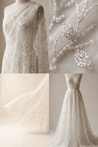 Tissu en tulle léger brodé de perles blanches et de cristaux délicats, motif de branche de vigne, pour robe de mariée femme - Product Image 5