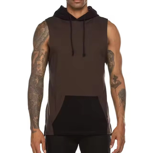 <b>Men's</b> Winter Fashion Personalized 100% Cotton Terry Fabric Solid Color <b>Sleeveless</b> Fitness Hoodie Vest with Pocket Breathable - Product Image 2