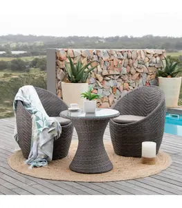 Conjunto de móveis de 3 pçs para pátio, cadeiras em tecido pe rattan com mesa de vidro temperado confortável