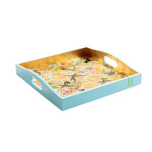 Plateau de service bohème en bambou laqué floral fait à la main, écologique, finition or vert, décoration de la maison et de la cuisine, cadeaux - Product Image 1