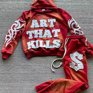 2-Piece Acid Wash Jogger <b>Shorts</b> Set Printed <b>Long</b> Sleeve Zip-Up Distressed Hoodie & Oversized Fleece Tracksuit Pullover Style - Product Image 4