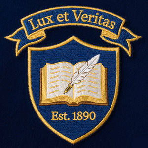 Patchs brodés en chenille personnalisés Lux Et Veritas Est 1890, bouclier doré, logo plume de livre bleu foncé, cœur, fleur pour chapeaux - Product Image 1