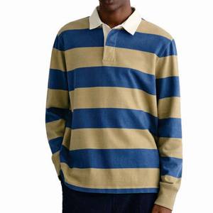 Camiseta de Rugby Personalizada Sublimada con Rayas Doradas y Azules, Transpirable, Manga Larga, 100% Poliéster, Antibacteriana - Product Image 1