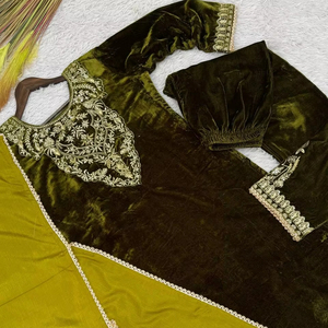 ชุดงานขอบลูกไม้สี่ด้านผ้าไหมแท้สไตล์อินเดียทันสมัยปักด้วยสีสดใส - Product Image 1