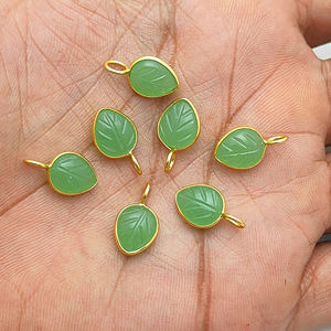 Green Chalcedony Gemstone Leaf Carving Gold Plated Bezel Charm Pendant for Wholesale - Product Image 1