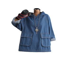 Sudadera con capucha de mezclilla para mujer, estilo boutique, al por mayor, de verano, informal, nueva, a la moda, holgada, retro, lavada, no tejida, antipilling, con cordón - Product Image 4