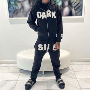 Ensemble survêtement unisexe de haute qualité avec appliques évasées personnalisées, sweat-shirts et pantalons de survêtement, fermeture éclair intégrale, ensemble de jogging pour homme avec patchwork délavé - Product Image 4