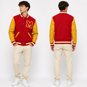เสื้อแจ็คเก็ตวาร์ซิตี้สีแดงและสีเหลืองสำหรับผู้ชาย พร้อมโลโก้ M ปัก คอปกแบบพับได้ ทรงปกติ สไตล์เพรปปี้ เหมาะสำหรับใส่ในฤดูใบไม้ร่วง - Product Image 1