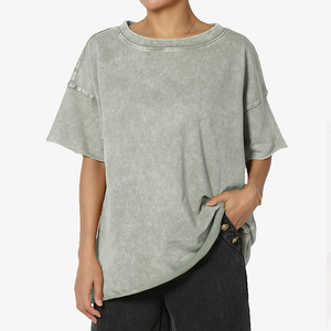 Premium Slim Custom Vintage Acid Wash Camiseta 100% algodón de alta calidad mujeres cuello redondo tejido de punto de peso pesado transpirable - Product Image 1