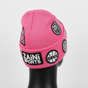 Haute qualité hommes bonnet 320 GSM épais acrylique tricot chaud casquette Logo personnalisé broderie Patch rose sport Style jacquard bonnet casquette - Product Image 4