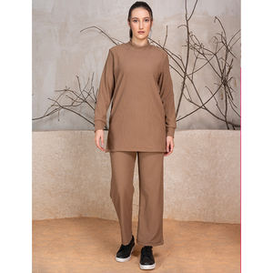 2025 nuevo estilo Casual Color sólido marrón 100% poliéster acanalado invierno cordón conjuntos mujeres musulmanas pantalones modestos y conjunto Kurta - Product Image 1