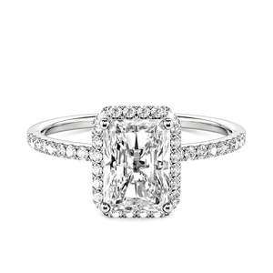 <b>Emerald</b> Cut Halo Sterling <b>Silver</b> Engagement <b>Ring</b>-Fine Geometric Statement Jewelry - Product Image 1