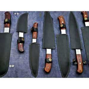 ชุดมีดเชฟ7ชิ้นทำด้วยมือด้ามไม้ใช้ในร้านอาหารทำจากเหล็กดามัสกัสมีดตัดเนื้อกระเป๋าหนัง - Product Image 2