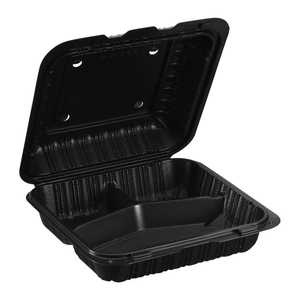 ProTakeOut [8 X 8 X 3 In] 150 Pack 3-comp <b>Black</b> Front Lock 4-<b>Vent</b> Hinged Take-Out Containers Durable Eco Friendly MFPP - Product Image 1