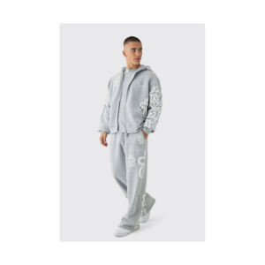 Vente en gros de tissu 100% coton de qualité supérieure 400 GSM sweats à capuche avec fermeture éclair ensemble de pantalons de survêtement surdimensionnés avec impression bouffante - Product Image 4