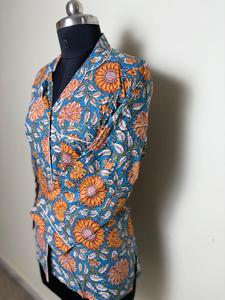 Womens Floral Print Cotton Shirt Black & <b>Blue</b> Casual Button Down Shirt Dark Floral Design - Product Image 3