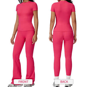 Conjunto de Dos Piezas para Mujer, Estilo Urbano, Color Sólido, Corte Ajustado, Cuello Redondo, Mangas Cortas, Leggings de Punto Elásticos de Cintura Alta - Product Image 3