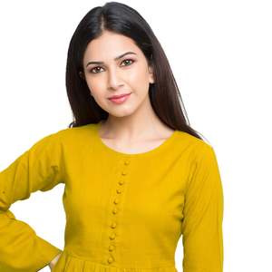 Haut en coton slub indien, haut tendance pour femmes/filles, uni et couleur moutarde, manches cloche et col rond, hauts en coton en gros - Product Image 5