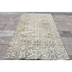 Alfombra turca Vintage Beige 4,9x7,5 pies tejido plano de lana con patrón de retazos alfombra de sala de estar con respaldo de látex para decoraciones - Product Image 1